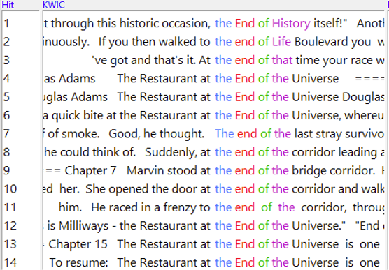 AntConc n-gram 'the end of' for 'The Restaurant at the End of the Universe'